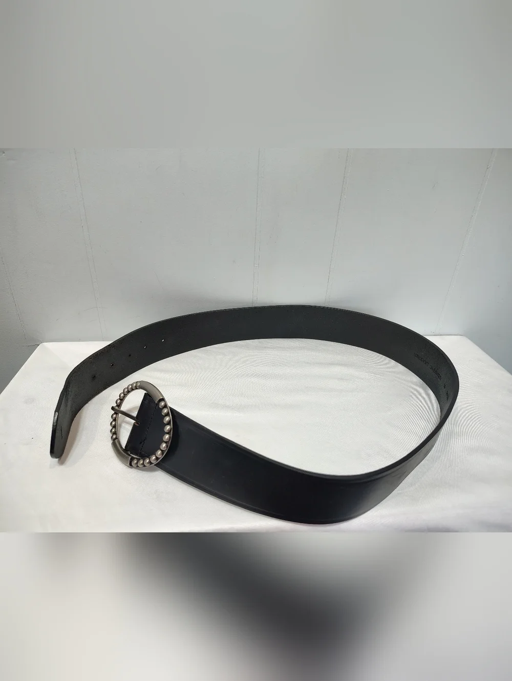 Genuine Leather Black Belt Studded Round Buckle Wide Belt 40.5” Boho Western